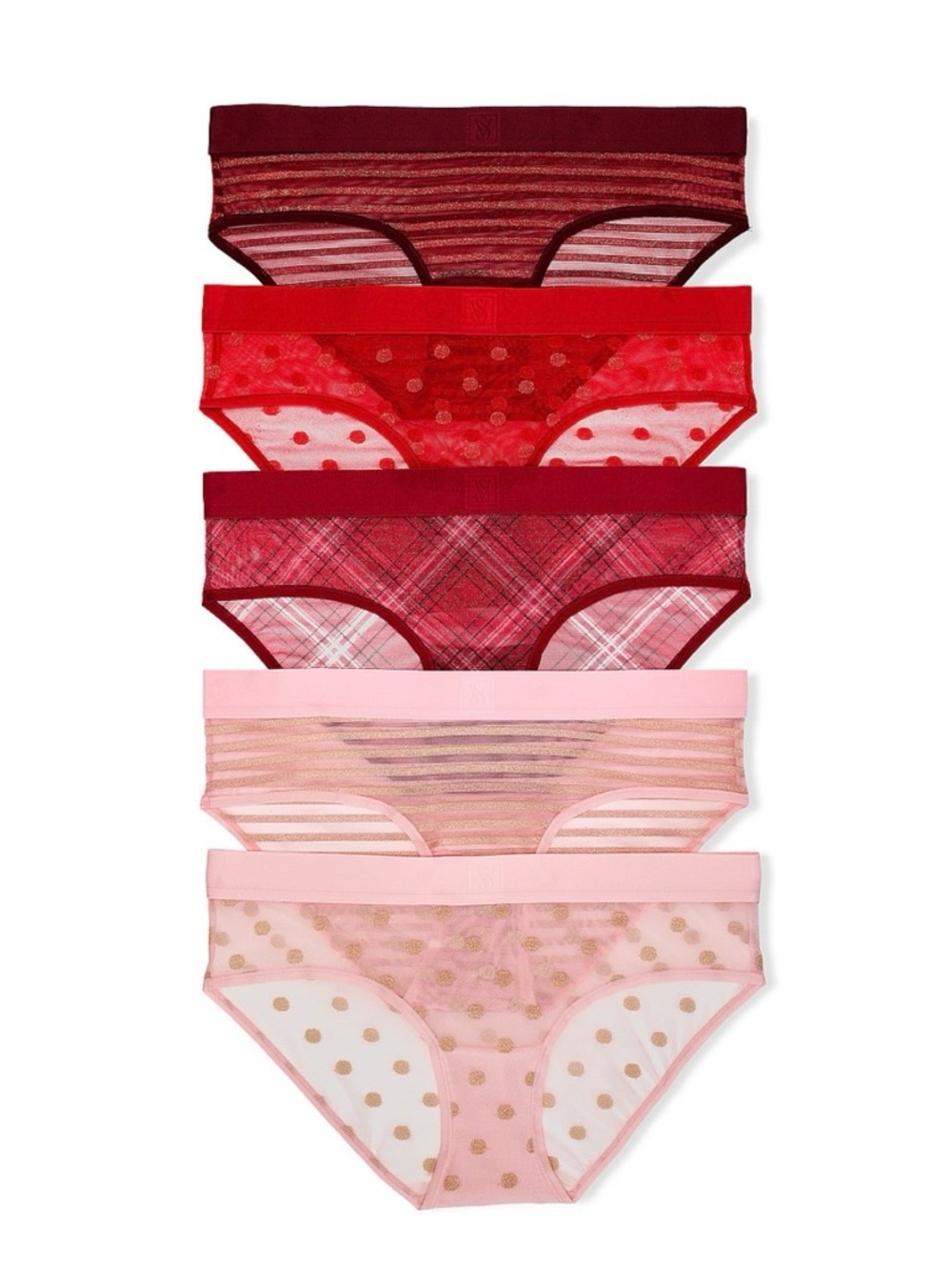 VICTORIA’S SECRET 5pk Sheer Gold Shimmer Dots, Stripes Plaid Hiphugger Panties M